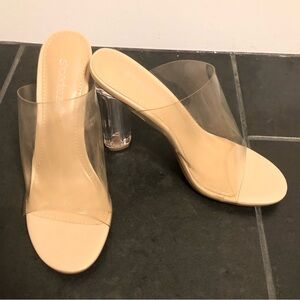 SHOEDAZZLE CLEAR SLIP ON HEELS